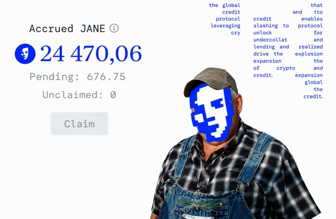 A screenshot showing 'Accrued JANE 24 470,06' with 'Pending: 676.75' and 'Unclaimed: 0', alongside a man in overalls with a blue pixelated overlay on his face and text about a global credit protocol.