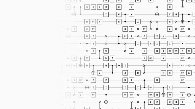 A grayscale diagram of a quantum circuit showing various gate operations (H, X, Z, RY) connected across multiple horizontal lines.