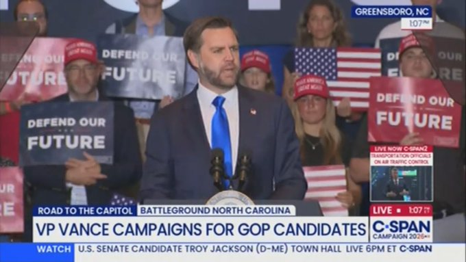 A C-SPAN news broadcast shows VP JD Vance speaking at a campaign rally, with chyron text reading 'ROAD TO THE CAPITOL BATTLEGROUND NORTH CAROLINA VP VANCE CAMPAIGNS FOR GOP CANDIDATES'.