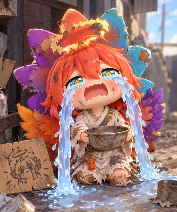 A chibi-style anime character with orange hair, a rainbow bow, and colorful wings cries dramatically with waterfall-like tears while holding a bowl in a dilapidated setting.