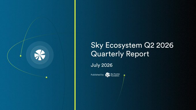 Title slide of the 'Sky Ecosystem Q2 2026 Quarterly Report' published by the Sky Frontier Foundation in July 2026, featuring a stylized satellite logo on a dark blue background.