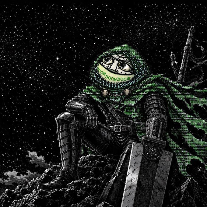 A digital artwork depicting a hooded figure in medieval armor with a green digital-patterned cloak reading 'DOOM DOOM DOOM', holding a sword under a starry night sky.