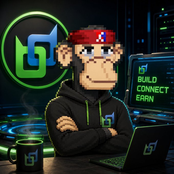 A pixel-art style NFT character illustration of a monkey wearing a red cap and black hoodie with a logo, sitting in front of a computer setup displaying 'BUILD CONNECT EARN' on the monitor.