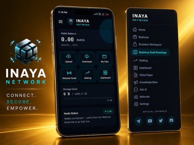 A promotional graphic for 'INAYA NETWORK' with tagline 'Connect. Secure. Empower.' displays a mobile app interface showing wallet balance, upload/download options, and node status features.