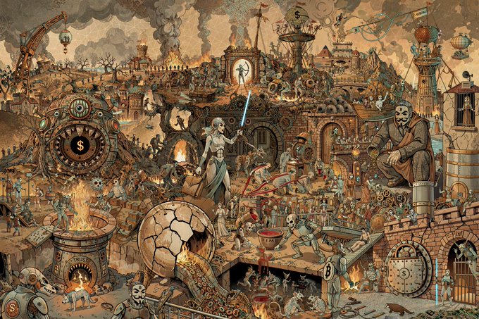 A detailed, surreal illustration depicting a chaotic, dystopian scene with a giant clock, a skull, various figures, and structures labeled 'TRUE TRADE'.