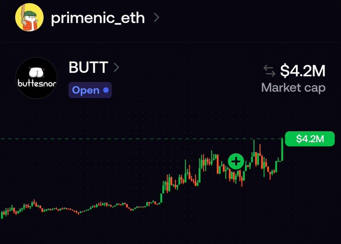 A cryptocurrency tracking interface shows a token called 'BUTT' by 'primenic_eth' with a market cap of $4.2M and a green price chart.