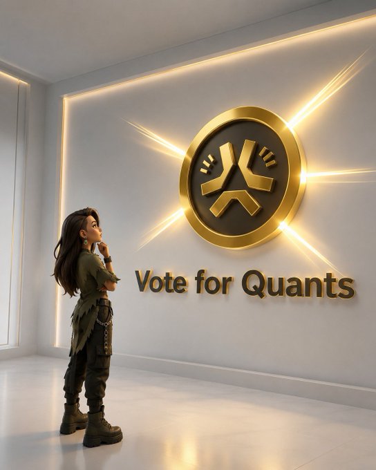 A 3D-rendered scene of a person standing and looking up at a glowing golden 'Vote for Quants' emblem mounted on a white wall with light rays radiating outward.
