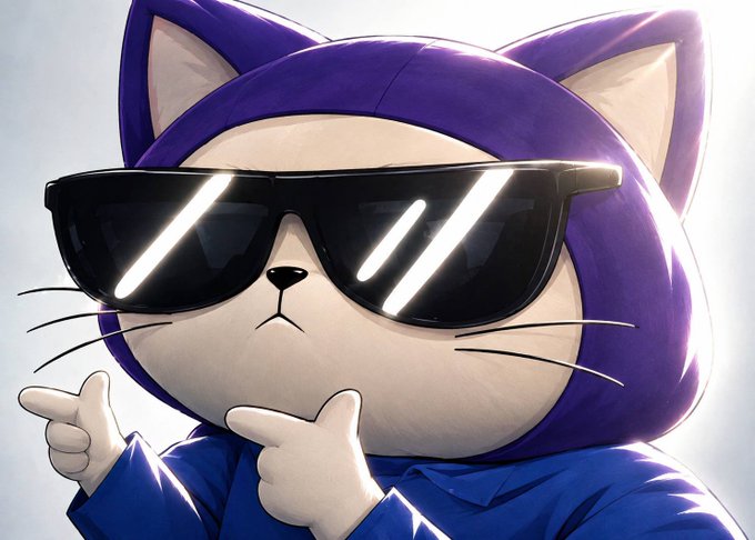 A stylized illustration of a character wearing a purple cat-eared hoodie, dark sunglasses with light reflections, and pointing finger guns at the viewer.