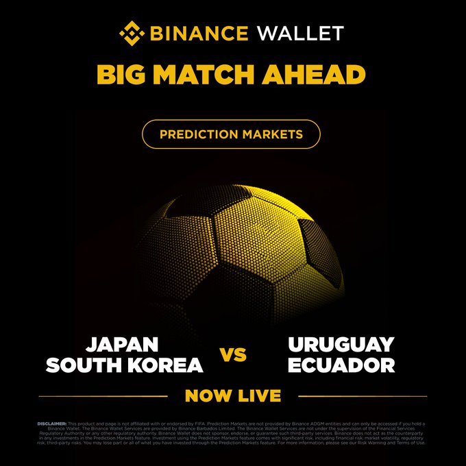 Binance Wallet promotional graphic featuring a golden soccer ball on a black backdrop with the text "BIG MATCH AHEAD" and "PREDICTION MARKETS NOW LIVE," highlighting the matchups Japan vs. Uruguay and South Korea vs. Ecuador to coincide with the launch of their international prediction markets and PnL Trading Competition offering a 100,000 USDT prize pool.
