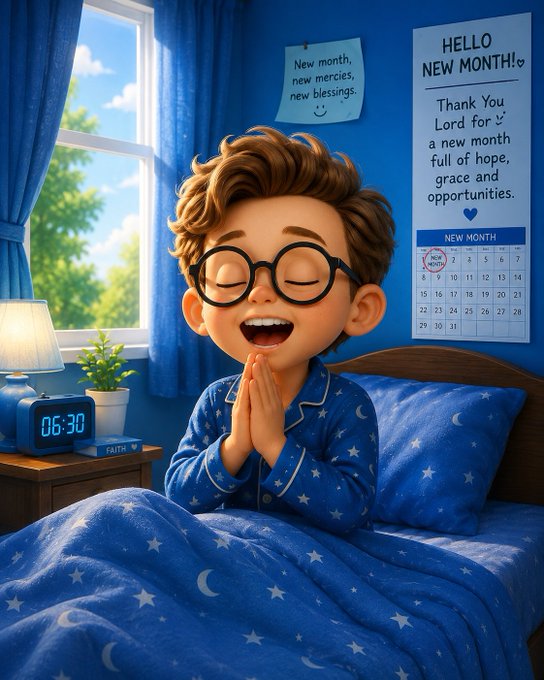 A young boy in pajamas wakes up and prays for a new month filled with hope, grace, and opportunities, as indicated by the "HELLO NEW MONTH!" sign and calendar on the wall. This image directly relates to the post's message of leaving doubts behind and stepping into the new month with confidence.