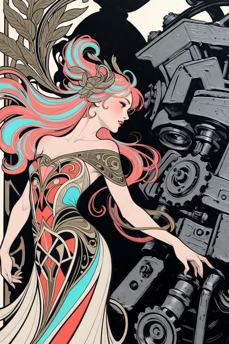 A colorful art nouveau-style illustration of an elegant woman with flowing pink and turquoise hair, standing next to large gray mechanical gears.