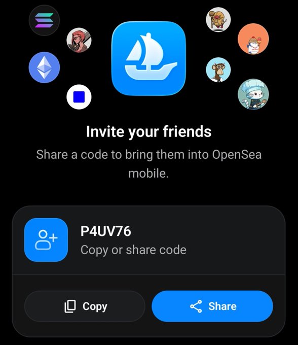 A mobile app screen for OpenSea displaying an invite code 'P4UV76' with 'Copy' and 'Share' buttons, surrounded by various crypto and NFT avatars.