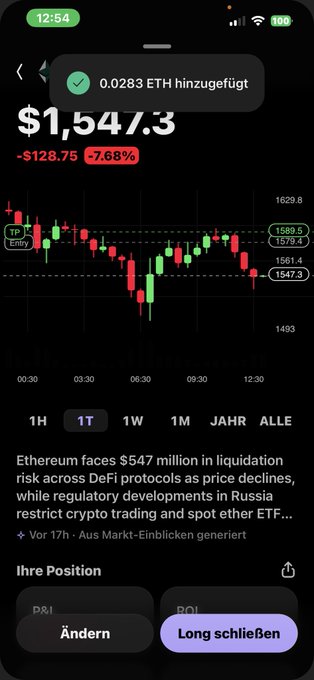 The image shows a cell phone screen displaying information about a cryptocurrency trading app called Etherum. The text on the screen provides updates and details regarding the current value of Etherum, including its price at $1,542/3 and other relevant data points. The conversation seems to be in German, with a discussion happening between two people who are discussing the Etherum price. The overall mood of the image is negative or critical towards the app or the cryptocurrency itself, as it mentions that something might have gone wrong or that they were not satisfied with the results from the app.