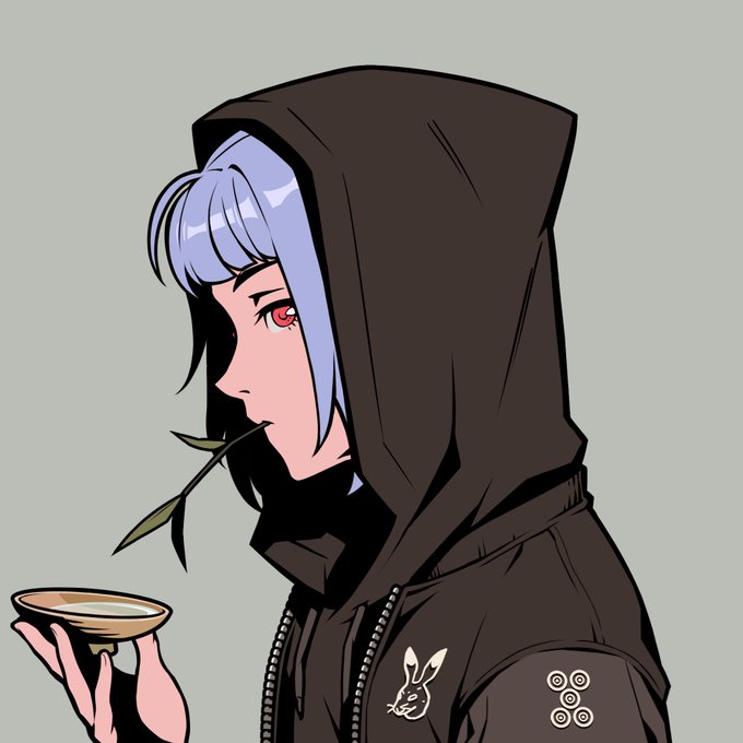 An anime-style illustration shows a character with light purple hair, red eyes, and a dark hooded jacket holding a small dish and a leafy stem in their mouth.