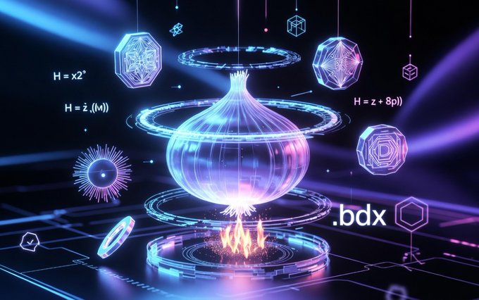 A futuristic, glowing purple and blue digital illustration featuring a central onion-shaped object surrounded by hexagonal rings and mathematical equations, with the text '.bdx'.
