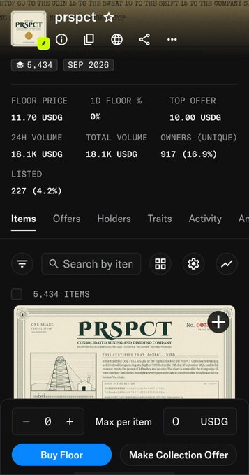 A mobile screenshot showing the prspct NFT marketplace on OpenSea with floor price at 11.70 USDG, 5,434 items, and a Buy Floor option for the 'Consolidated Mining and Dividend Company' collection.
