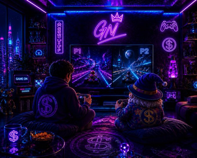 The image features two people sitting on a couch, playing video games together. They are both wearing hats that have dollar signs printed on them. The room they're in has purple neon lights, giving it a cool and vibrant atmosphere. There's also a TV screen displaying a game with a "Gin" logo at the top of the image.

The post includes text about money and how it doesn't last forever, suggesting that the two friends are enjoying their time together while they play video games. The dollar signs on their hats indicate that they might be playing a game related to finance or investing.