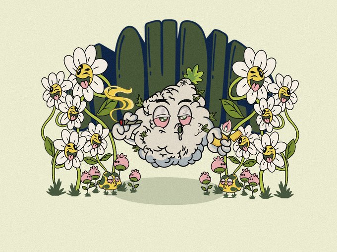 A cartoon cloud character holds a smoking joint, surrounded by smiling daisy faces, small mushrooms, and mushrooms wearing sunglasses, all set against a backdrop of green cacti. The whimsical, cannabis-inspired illustration perfectly matches the post's relaxed Sunday vibes and its playful nod to The Clouds Club NFT community.