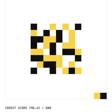 A minimalist pixel art QR code in yellow and black on a white background, with a credit score display reading 'CREDIT SCORE 798.42 / 800' at the bottom.