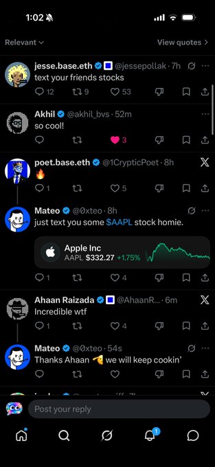 A Twitter/X thread screenshot showing users joking about "$ISTONKS" being treated as an actual stock ticker, with @0xteo sharing a screenshot of Apple (AAPL) at $332.27 (+1.75%) as if it were the "$ISTONKS" chart, followed by other accounts like @AhaanR_ and @jessepollak playing along with the meme.