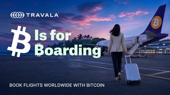 A Travala travel advertisement reading '₿ Is for Boarding - BOOK FLIGHTS WORLDWIDE WITH BITCOIN' featuring a woman with rolling luggage walking toward a plane with a Bitcoin logo on the tail at sunset.