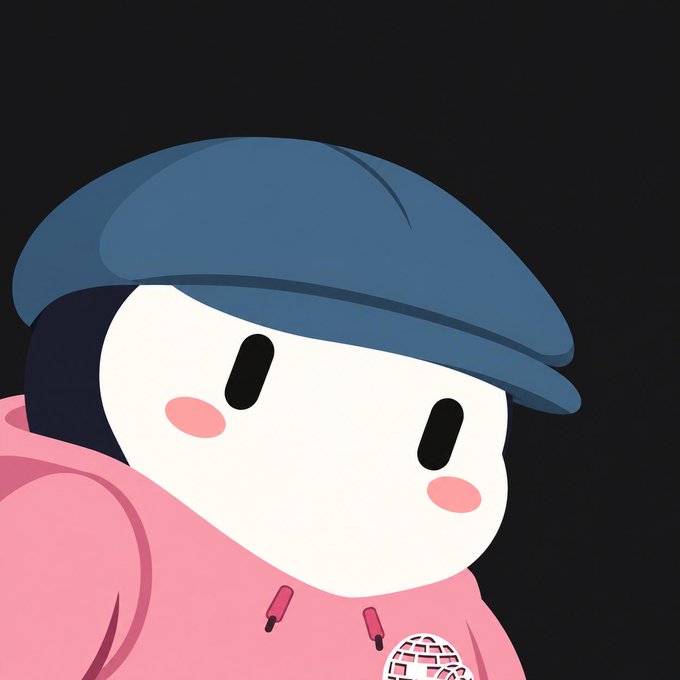 A cartoon illustration of a white character with black oval eyes and pink cheeks wearing a blue newsboy cap and a pink hoodie against a black background.
