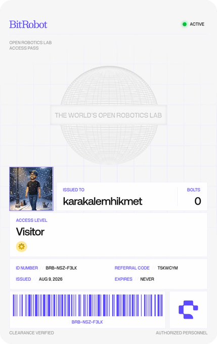 A digital access pass for 'BitRobot' issued to 'karakalemhikmet' with a 'Visitor' access level, featuring a globe graphic, barcode, and issued date of Aug 9, 2026.