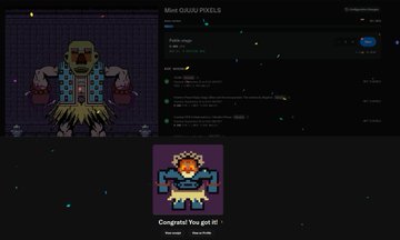 A dark-themed web page displays a pixel art NFT collection called 'Mini QAUUN PIXELS' with a tiki-style character and a congratulatory message 'Congrats! You got it!'