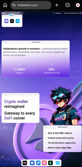 Screenshot of holdstation.com landing page showcasing a Web3 crypto wallet advertisement with stats '3.43M+ Total users' and features like 'Buy & Sell 2M+ tokens'.