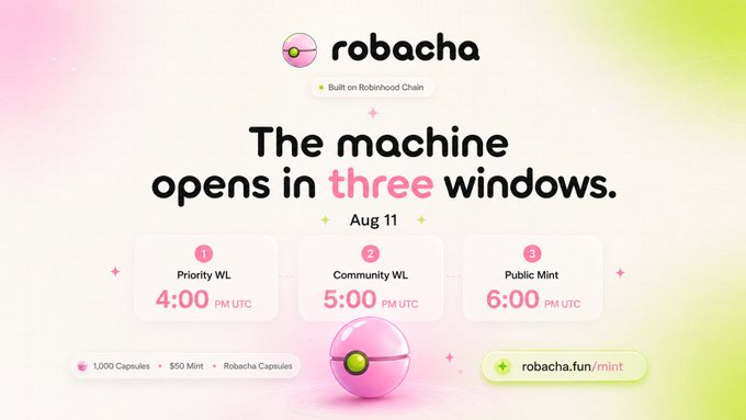 A promotional graphic for 'robacha' Built on Robinhood Chain, announcing three mint windows on Aug 11: Priority WL at 4:00 PM UTC, Community WL at 5:00 PM UTC, and Public Mint at 6:00 PM UTC, with 1,000 Capsules available at 550 Mint via robacha.fun/mint.