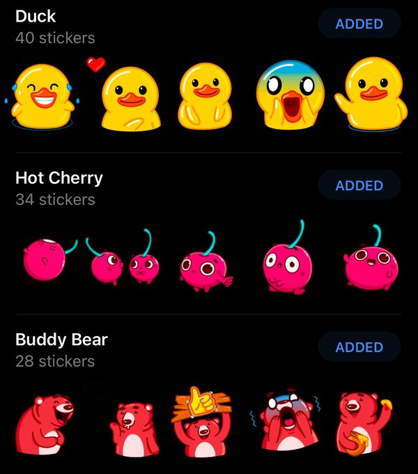 A Telegram sticker pack selection screen showing three sticker sets: "Duck" (40 stickers), "Hot Cherry" (34 stickers), and "Buddy Bear" (28 stickers), all marked as added. The image illustrates Telegram's robust sticker ecosystem, supporting the post's argument that the Gram wallet rollout to Telegram's 1B MAU could unlock massive liquidity for meme stickers like these.