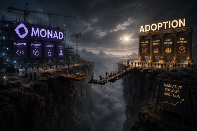 A dramatic landscape image for "MONAD" cryptocurrency showing two cliff sides connected by a bridge—one side labeled "MONAD" with categories like Developers, Applications, Liquidity, and Users, and the other side labeled "ADOPTION" with features like Developer Activity, Liquidity Growth, User Retention, and Real Applications, with a sign reading "NARRATIVE FOLLOWS ADOPTION."