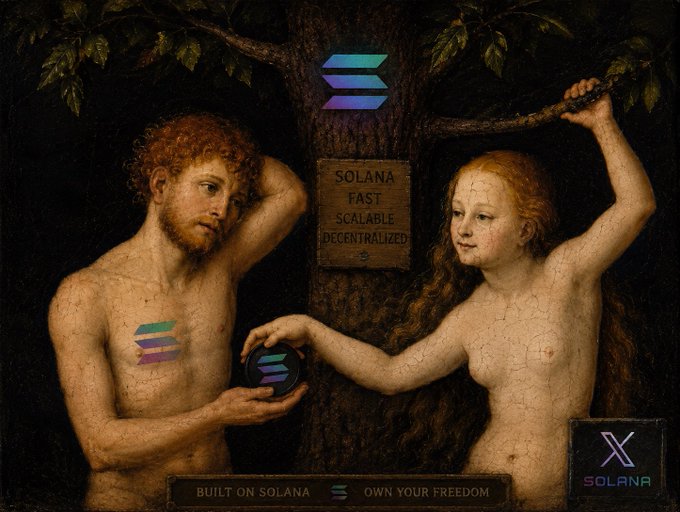 This digitally enhanced image depicts the classical representations of Adam and Eve from the biblical story, where Eve is offering Adam an object that can be interpreted as a modern digital token. The accompanying text, "BUILT ON SOLANA OWN YOUR FREEDOM," relates to the concept of decentralized technology, suggesting that the token represents a form of digital asset or currency, which aligns with the sentiment expressed in the post about personal connections to influential figures within a digital community. The ticker symbols and references to specific individuals imply a connection to the Solana blockchain and its ecosystem.