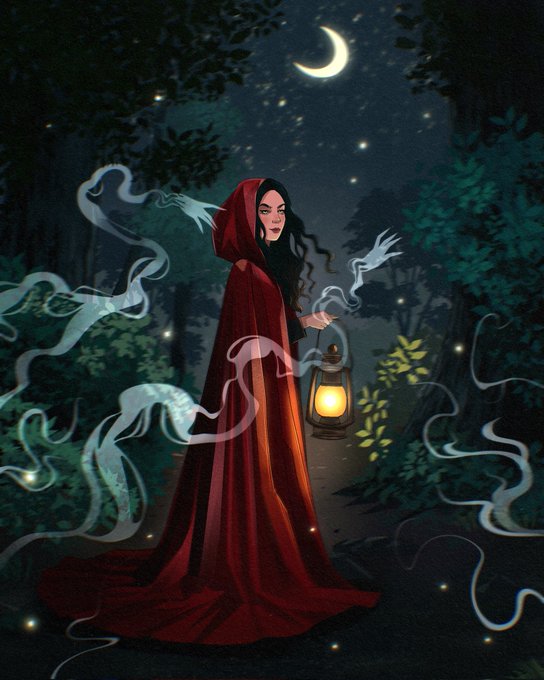 A digital illustration depicts a woman in a flowing red hooded cloak holding a glowing lantern, surrounded by wispy spirits in a dark, starry forest under a crescent moon.