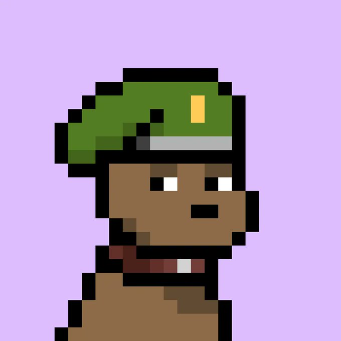 A pixel art image shows a brown dog character wearing a green military helmet against a light purple background.