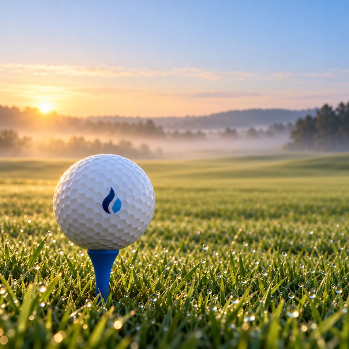 A golf ball sits on a blue tee atop a dewy green course at sunrise, with a small blue logo on the ball. The image ties to the "GM" post by symbolizing steady, incremental progress—each inch of progress toward the goal, like a tee shot toward the green.