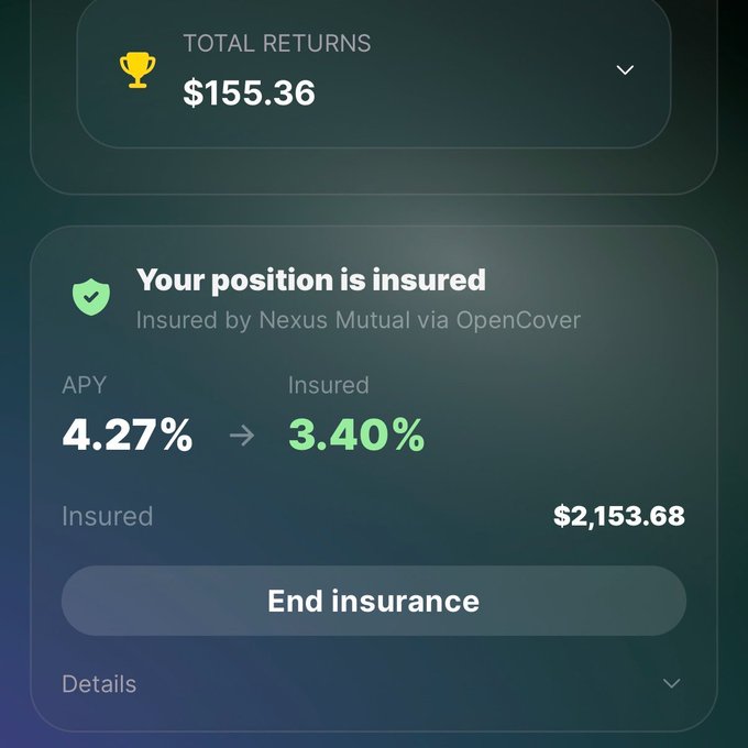 A DeFi position screen showing 'TOTAL RETURNS $155.36' and 'Your position is insured' via Nexus Mutual through OpenCover, with APY dropping from 4.27% to 3.40% on an insured amount of $2,153.68