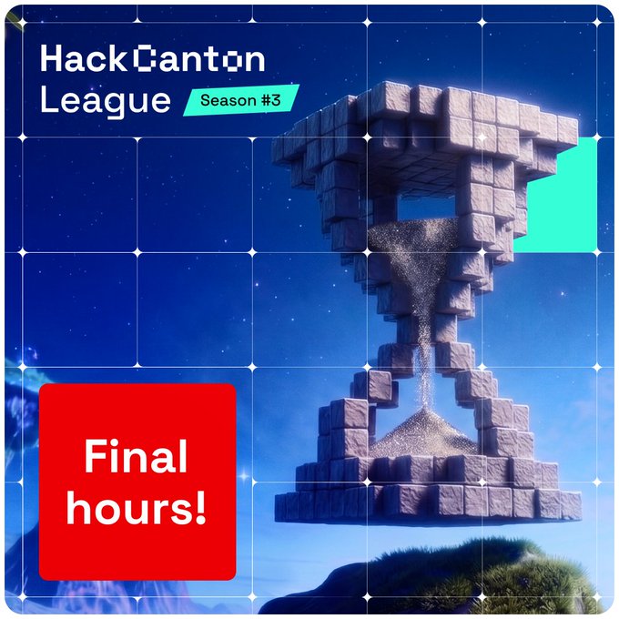 A promotional graphic for 'HackCanton League Season #3' features a 3D hourglass made of floating stone blocks pouring sand, with a red 'Final hours!' badge and a blue starry background.