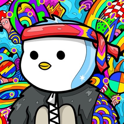 A colorful cartoon illustration of a white bird-like character with a red bandana, wearing a black jacket, set against a vibrant psychedelic background.