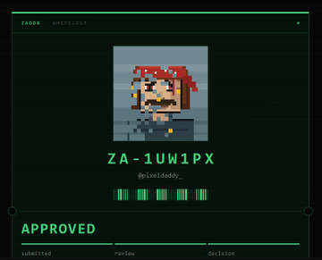 A retro terminal-style interface displays a pixelated Mario character NFT labeled "ZA-1UW1PX" with the username "@pixeladdy" marked as "APPROVED," featuring a green status indicator with a progress bar showing the submission, review, and decision stages. The image relates to the post by showcasing the minting/approval process for a Zec NFT, similar to those mentioned in the post about upcoming Zec NFTs.