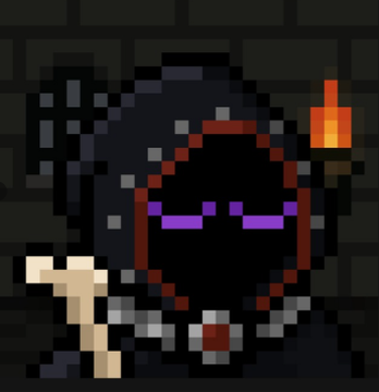 A pixel-art character wearing a dark hooded cloak with purple glowing eyes, holding a wooden cross, with a lit candle in the background.