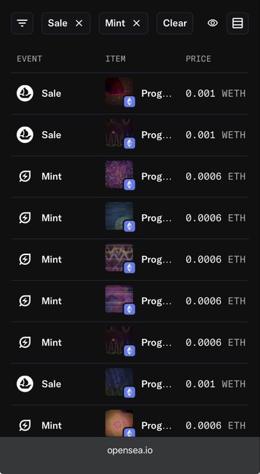 The image shows a phone screen with a list of items, including "Prog", "0.00eth", and "0.01eth". The phone's display also includes an event titled "Mint" at the top left corner. The app is open in the bottom right corner, displaying a menu that seems to be related to minting or tracking cryptocurrency transactions.