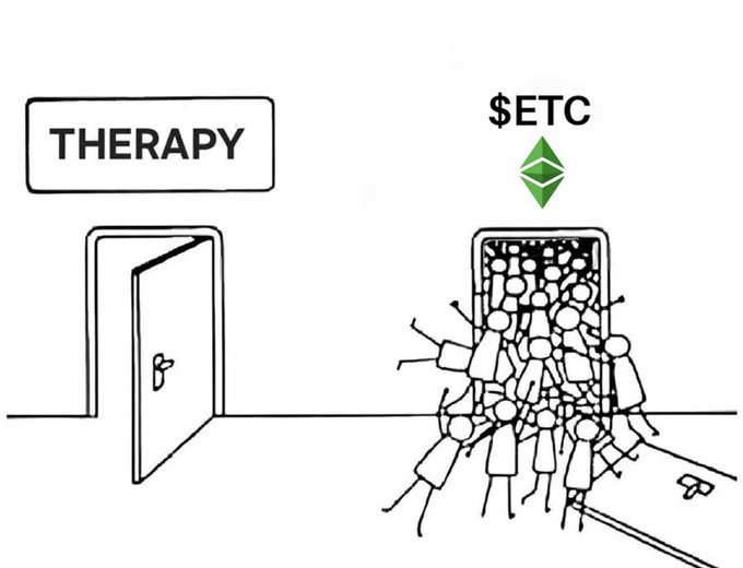A meme illustration contrasting "THERAPY" (a single open door) with "$ETC" (a crowd of people rushing through a doorway), referencing the Ethereum Classic cryptocurrency.