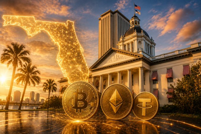 A stylized graphic featuring the Florida state outline alongside iconic crypto coins (Bitcoin and Ethereum) and a golden stablecoin medallion is set against the backdrop of the Florida State Capitol building, illustrating the state's unanimous 37–0 Senate passage of a crypto bill regulating stablecoin payments.