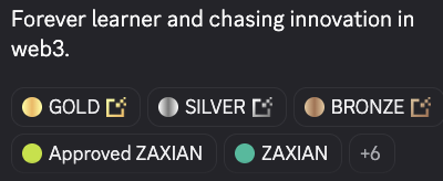 Web3 badge display showing 'Forever learner and chasing innovation in web3' with Gold, Silver, Bronze tiers and 'Approved ZAXIAN' status.
