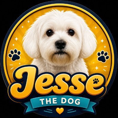 A circular badge featuring a fluffy white dog with the bold text "Jesse the Dog" in yellow lettering, accompanied by paw prints and a heart on a banner—branding the $JESSE token identity as a charming, canine-themed mascot for the Solana memecoin.