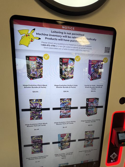 A Pokémon vending machine displays several "SOLD OUT" signs on Mega Evolution Booster Bundles priced at $4.49–$28.94, reinforcing the post's warning that popular Pokémon TCG items are selling out quickly.