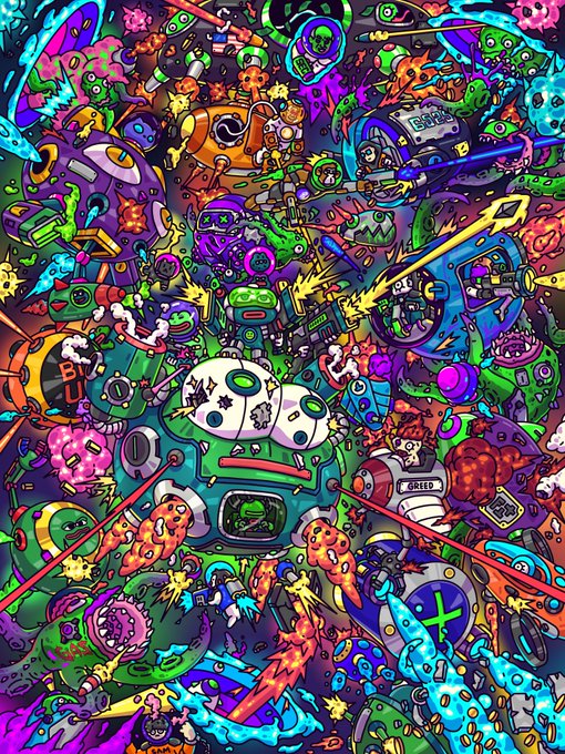 Colorful, chaotic digital artwork featuring cartoon characters, aliens, rockets, gaming controllers, and the word 'GREED' in a graffiti style.