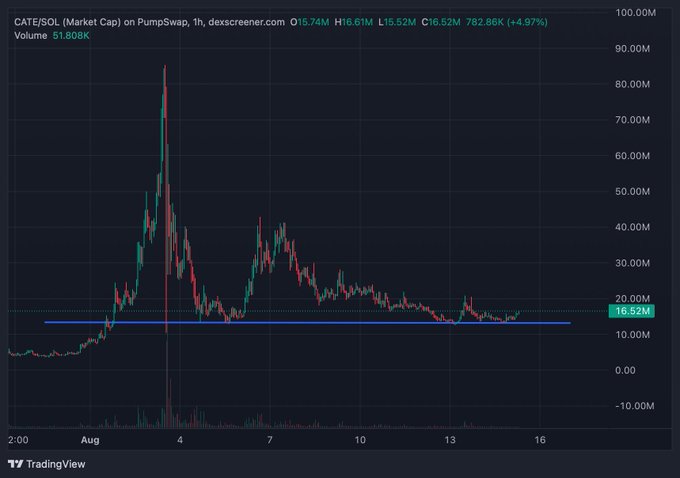A TradingView 1-hour chart of $CATE/SOL market cap on PumpSwap, currently at 16.52M (+4.97%), showing a massive spike to ~85M earlier in August before pulling back to form a triple bottom/W bottom pattern around the 13-15M support level with 51.808K volume. The chart visually confirms the post's claim of a "triple bottom, w bottom" pattern, with the price successfully holding the key horizontal support line (highlighted in blue) after the deep dip.
