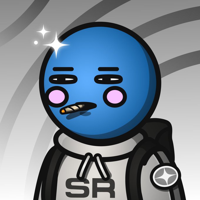 A blue cartoon character wearing a hoodie labeled 'SR' with a cigar in its mouth and pink cheeks, set against a gray and white swirling background.
